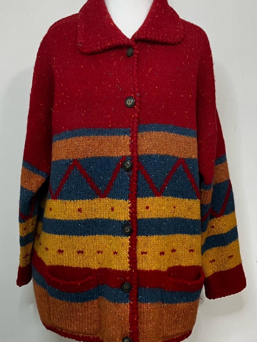 Valerie Stevens Red Patterned Knit Jacket with Yellow & Blue Accents